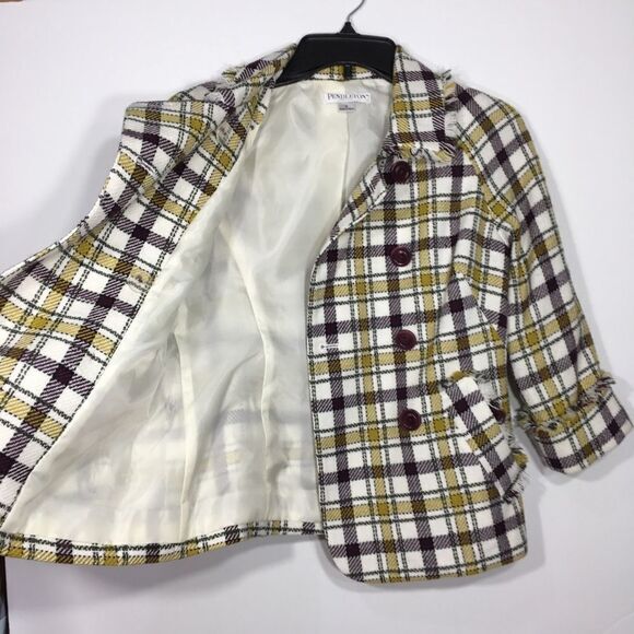 Y2K NWOT PENDLETON WOOL DOUBLE BREASTED YELLOW PLAID FRINGE ACADEMIA BLAZER 2P - Picture 3 of 12